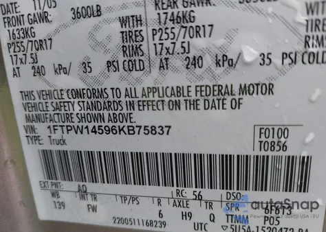 2006 Ford F-150 Fx4/Lariat/Xlt from USA, damaged, VIN 1FTPW14596KB75837